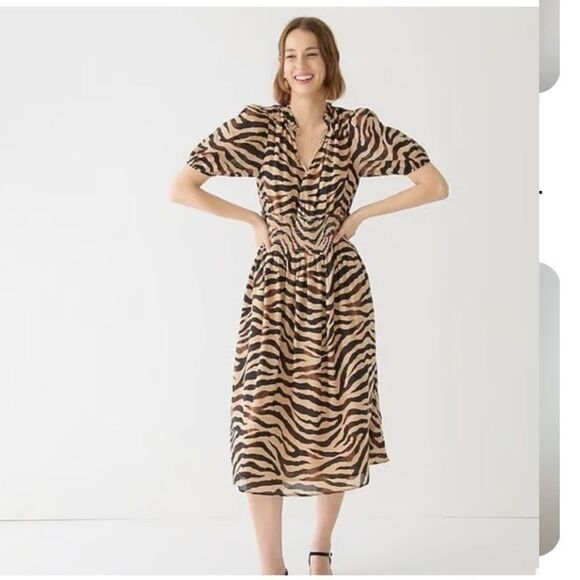 J. Crew Midi Dress Women's Zebra Print Smocked Waist Short Sleeve Sz Small NWT - Picture 3 of 14